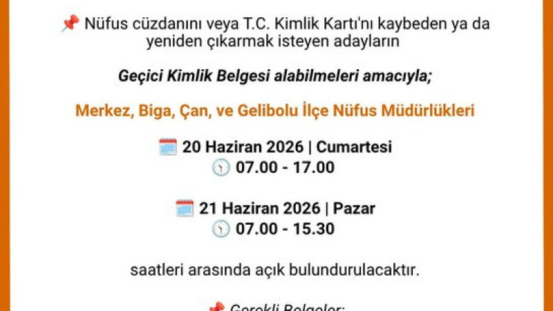 Çanakkale'de Nüfus Müdürlükleri Hafta Sonu Açık
