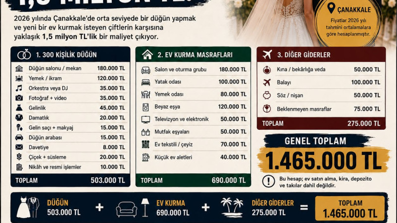 Çanakkale’de Evlenmenin Maliyeti 1,5 Milyon TL’ye Yaklaştı