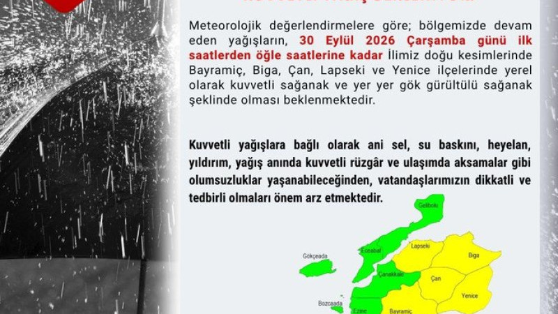 Çanakkale'nin Doğusu İçin Kuvvetli Yağış Uyarısı!